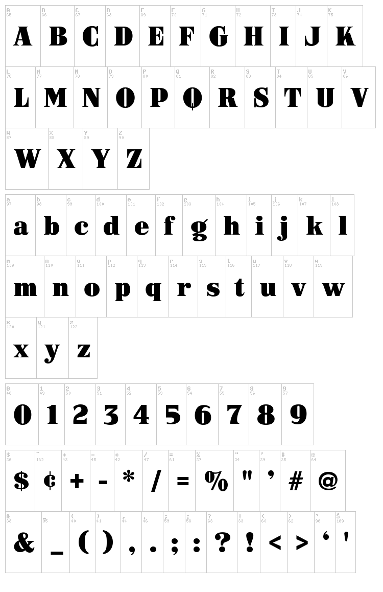 ARB-187 Modern Caps font map